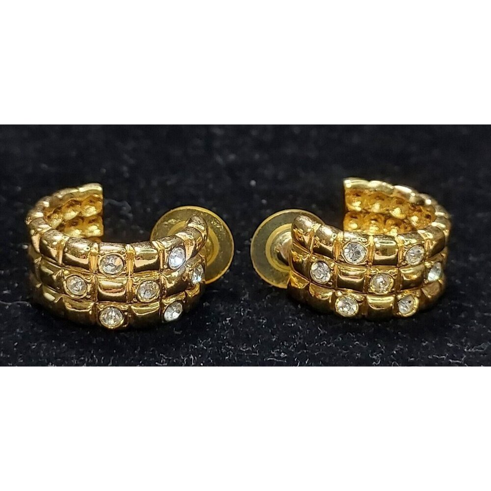 Avon 1992 Gold Toned Rhinestone Wide Hoop 1/2" Earrings